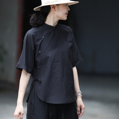 游设原创新中式小立领连肩短袖圆弧摆蚕丝棉小衫上衣衬衫  念古