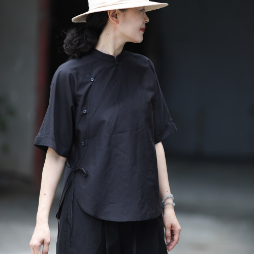 游设原创新中式小立领连肩短袖圆弧摆蚕丝棉小衫上衣衬衫  念古