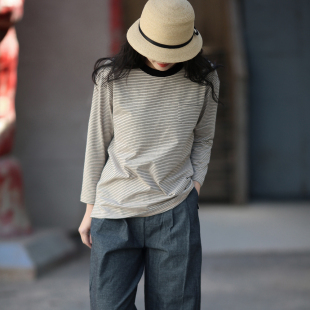 游设原创廓形宽松简约九分袖 杏痕 塌肩花杏黑条纹T恤