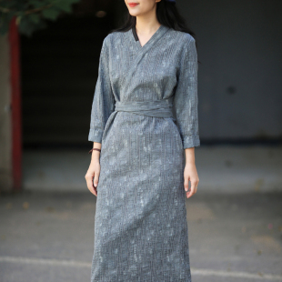提花亚麻棉连衣裙 游设计原创新中式 款 衣领正肩修身 烟阑 汉式