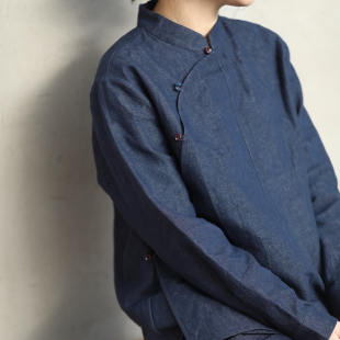 游设原创新中式 靛言 汉麻牛仔拼接立领大圆襟上衣