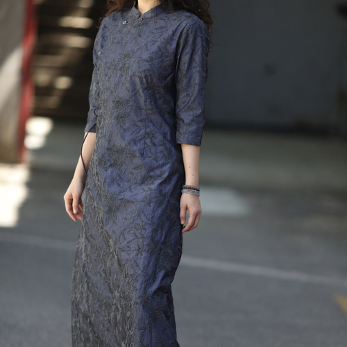 游设原创新中式七分袖立领重工刺绣色织棉改良旗袍连衣裙 素/绣