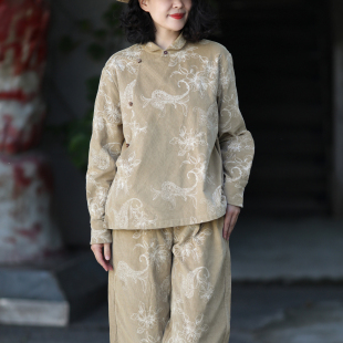 子 游设原创新中式 绣花棉条绒上衣裤 袖 咖绒 立领斜襟衬衫