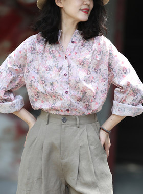 游设原创褶皱领圆摆长绒棉印花长袖衬衫 花轻