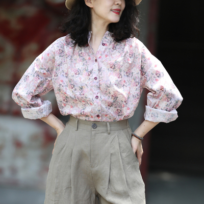 游设原创褶皱领圆摆长绒棉印花长袖衬衫 花轻