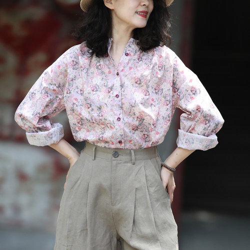 游设原创褶皱领圆摆长绒棉印花长袖衬衫 花轻
