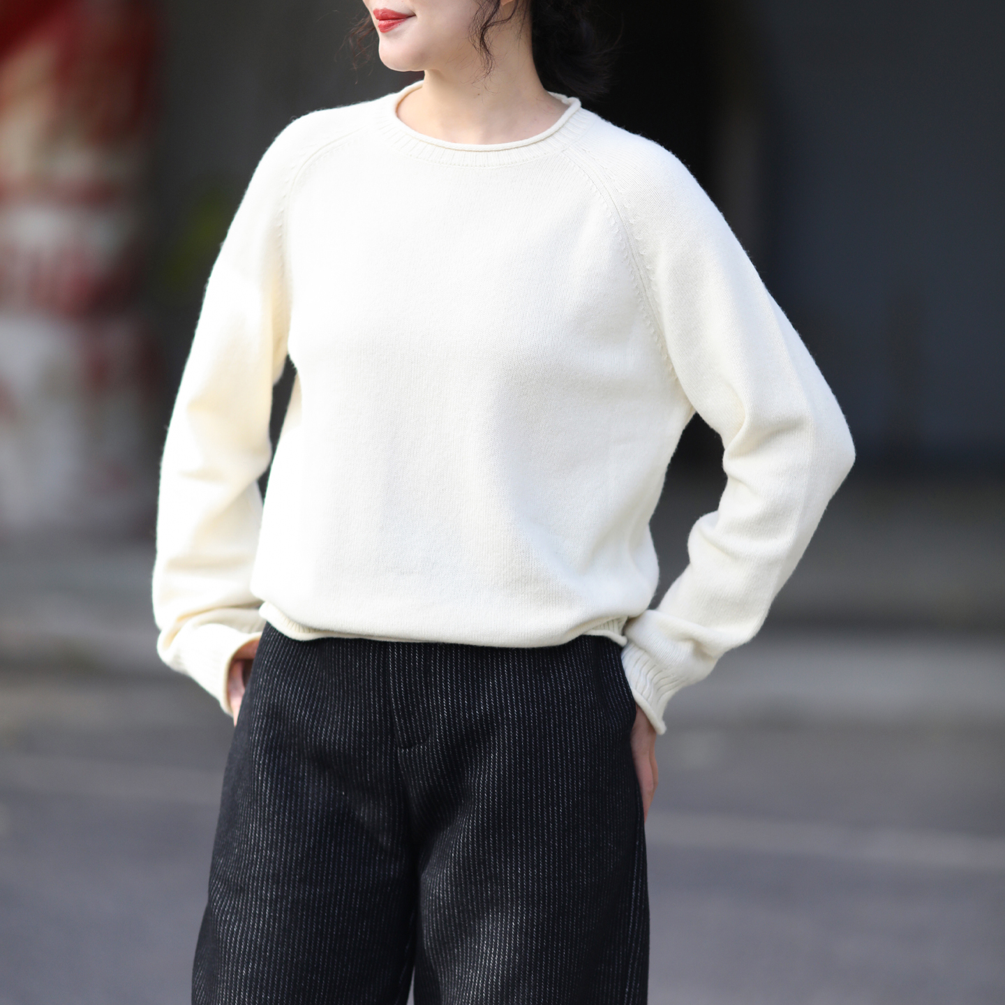 游设计原创复古绵羊毛卷边插肩袖羊毛衫毛衣 留白