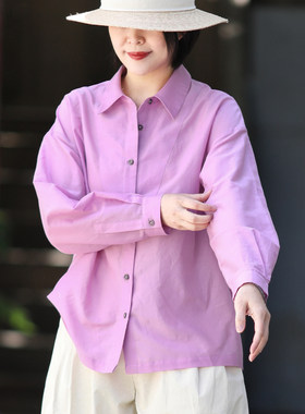 游设原创蚕丝棉翻领拼贴设计宽松廓形衬衫 粉嫣