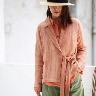 游设原创新中式 橙澈 绑带泥染手工皱亚麻外套