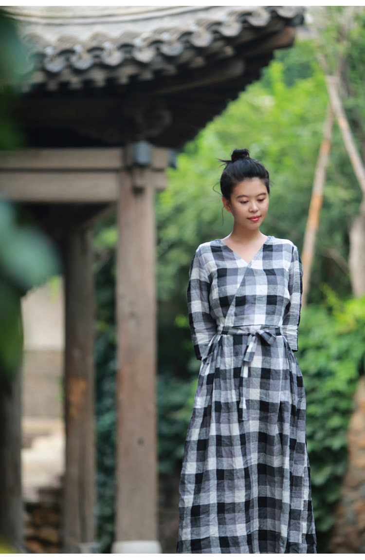 游设原创新中式汉式衣襟色织格子亚麻连衣裙 兮/窗