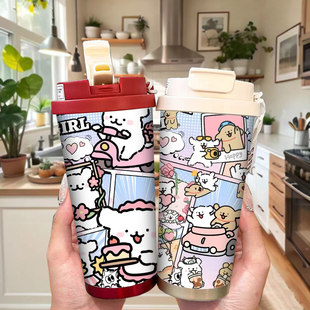 线条狗双饮保温杯一盖双饮316不锈钢车载咖啡颜值铃兰吸管水杯子