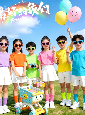 儿童演出服幼儿园彩色纯棉T恤夏季小学生糖果色毕业服运动会套装