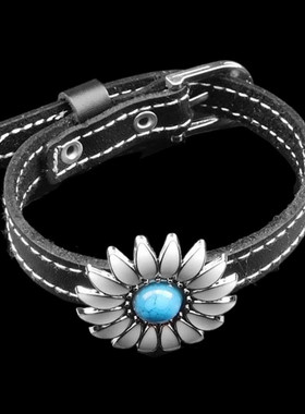 黑色牛皮银色圆盘花卉树脂窄手链