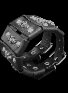 合金银色多个骷髅头牛皮朋克手环