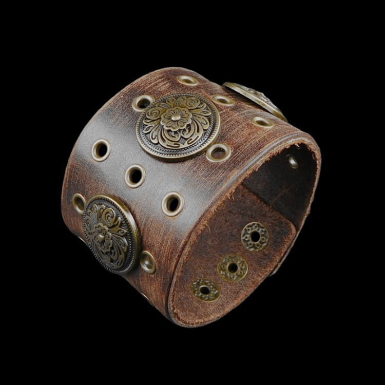 原生棕色牛皮复古铜色孔眼合金花卉圆扣朋克手链饰品摇滚手镯手环,饰品/流行首饰/时尚饰品新,手链,淘宝优惠券,粉丝福利购,淘宝优惠卷