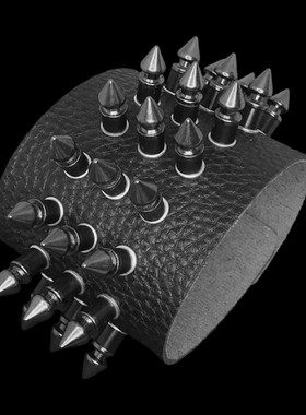 枪黑尖钉圆柱超宽荔枝纹PU皮手链