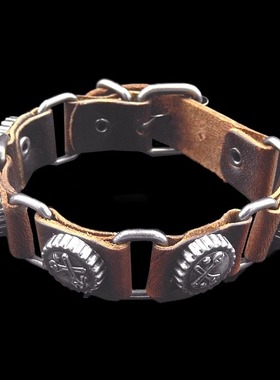 棕牛皮复古银灰色小圆扣扳手朋克细窄手链男女摇滚装饰品手镯手环