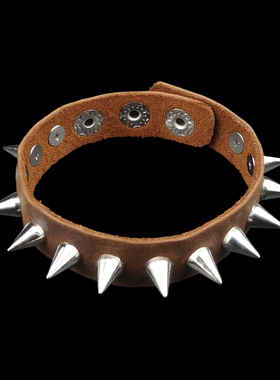 银色圆锥尖刺单列铆钉棕皮细手链