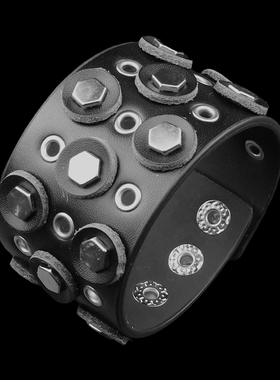 银色金属高平六角铆钉黑皮块潮百搭孔眼朋克手链中性手环手镯饰品