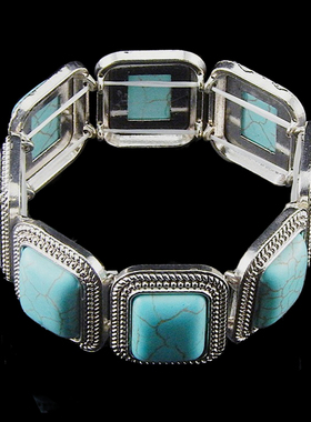 银色合金朋克新创意重量感弹力线长方形仿蓝松石手链中性饰品手镯