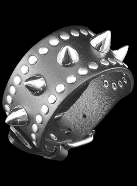 时髦莲蓬铆钉针扣黑牛皮朋克手链