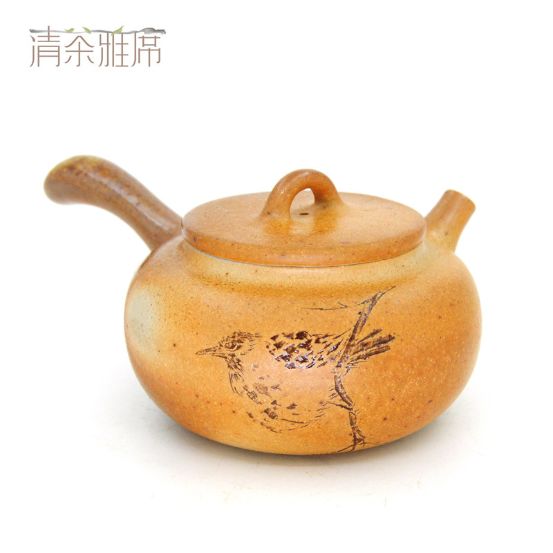 建水紫陶壶名家陈学张产合作全手工紫陶柴烧侧把唐羽壶 茶壶茶具