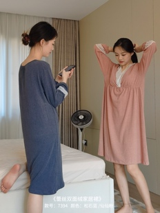 秋冬V领睡裙蕾丝性感可爱法式双面磨毛保暖中长裙7394带胸垫少女