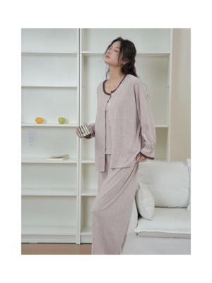 磨毛睡衣三件套长袖吊带带胸垫女