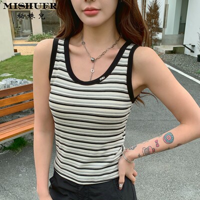 秘姝儿25281魔力天丝女条纹宽肩背心修身显瘦圆领百搭春夏新款
