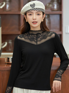 秘姝儿23562秋冬女士针织薄款莫代尔中领打底衫蕾丝内搭保暖上衣