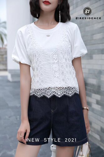 小众设计泡泡袖上衣女夏季 81号公馆原创假两件纯棉短袖T恤遮肚腩