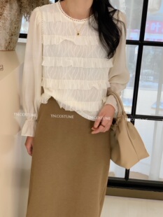 YN法式气质温柔风钉珠圆领雪纺衫女秋季设计感别致喇叭袖小衫上衣