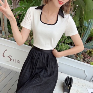 LiSuo利索夏新款设计感撞色翻领小个子修身短袖T恤女短款正肩上衣
