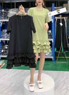 Lisuo利索韩版学院风荷叶边连衣裙女春季宽松减龄遮肉显瘦黑色裙