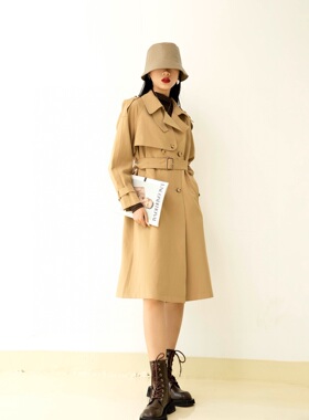 Lisuo利索秋冬卡其色风衣外套女英伦风双排扣韩版气质中长款大衣