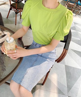 Lisuo利索夏季韩版小女人味气质泡泡短袖弹力修身显瘦圆领T恤上衣