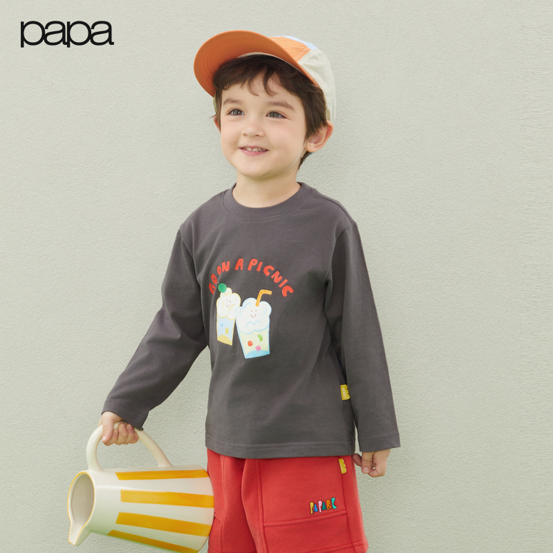 papa春季儿童T恤男女童纯棉大图案印花长袖上衣休闲百搭