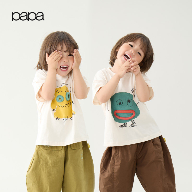 【小怪兽】papa爬爬夏季儿童T恤新品短袖男女童纯棉柔软透气上衣