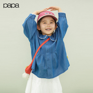 儿童衬衫 papa爬爬春季 女童娃娃领牛仔上衣甜美可爱 商场同款