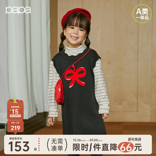 papa爬爬春秋季 儿童连衣裙女童蝴蝶结毛织背心直筒裙洋气