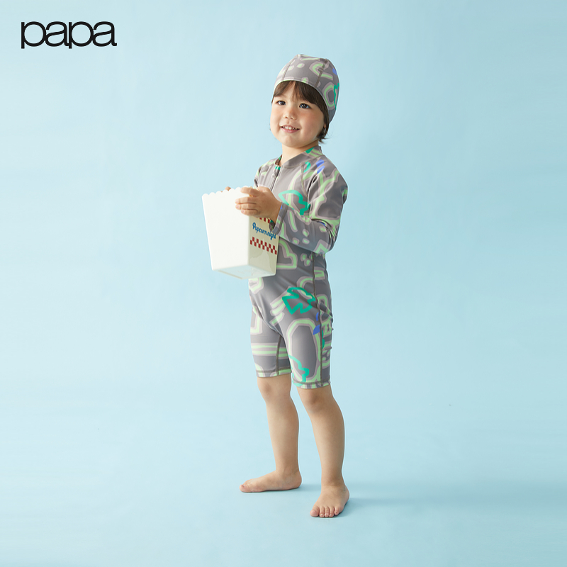 papa爬爬夏季儿童泳衣男童长袖连体两件套游泳套装洋气潮