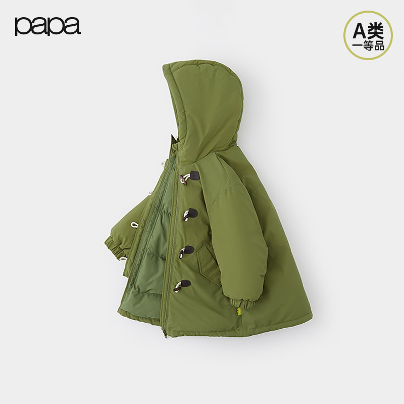 papa冬季儿童羽绒服长款牛角扣