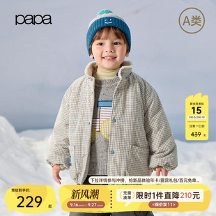 【新品】papa爬爬冬季儿童棉服男女童保暖加绒夹棉加厚格子文艺