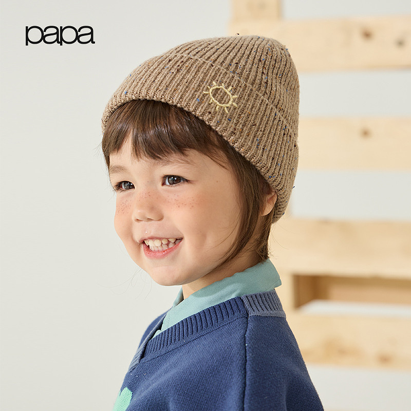 【新品】papa爬爬秋冬新品儿童帽子男女童毛线帽洋气绣花针织保暖