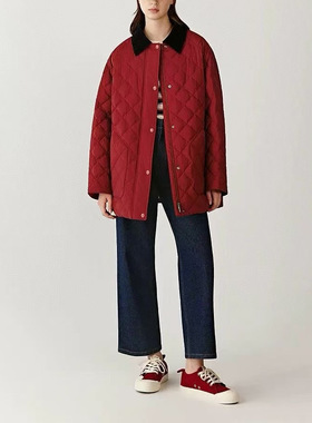 IC小禾2025冬季新款纯原Hug羽绒服红色巴恩风羊毛混纺平纹布外套