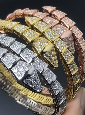 高本新款满钻开口灵蛇手镯宽版玉髓贝母头尾钻手环三环二环手环