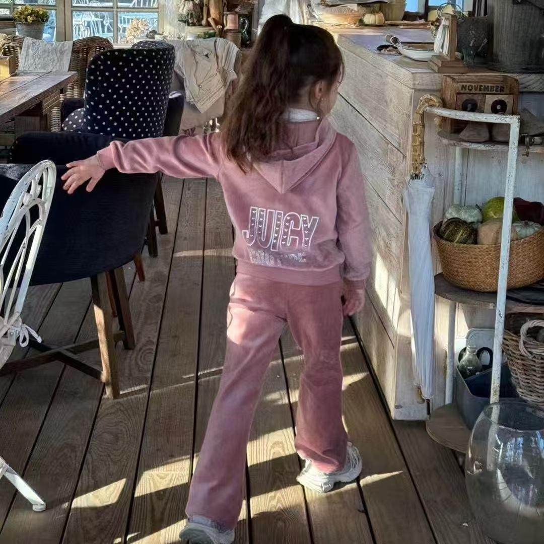 儿童套装女童烫金闪钻上衣裤子套装休闲连帽喇叭裤天鹅绒两件套