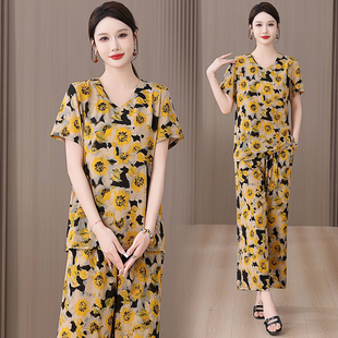 套裤 中老年妈妈装 洋气套装 时尚 V领短袖 印花两件套女宽松大码