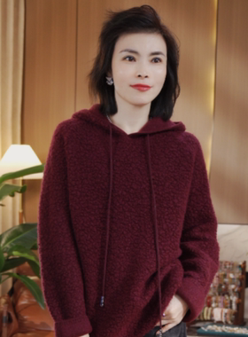 100%羊毛圈圈毛2025秋冬新款针织V领抽绳连帽衫毛衣S28YA280802