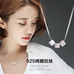 s925纯银拉丝方块项链吊坠锁骨链女款简约短款甜美百搭日韩国生日